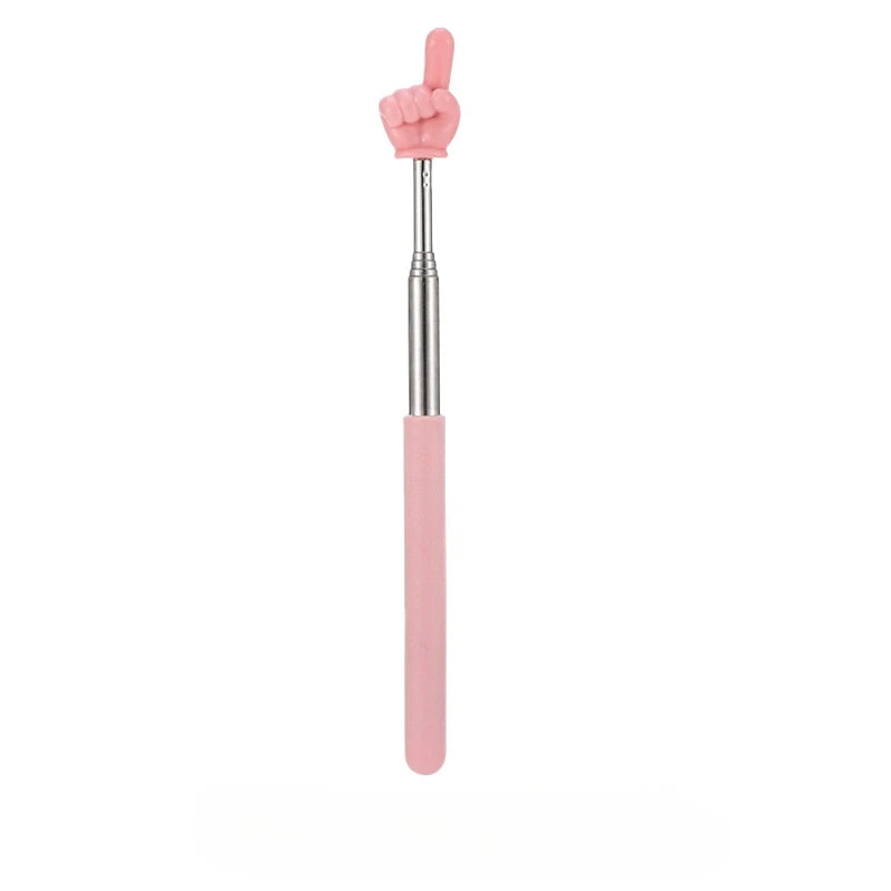 A pink stainless steel telescopic teaching pointer with a pink rubber fist tip.