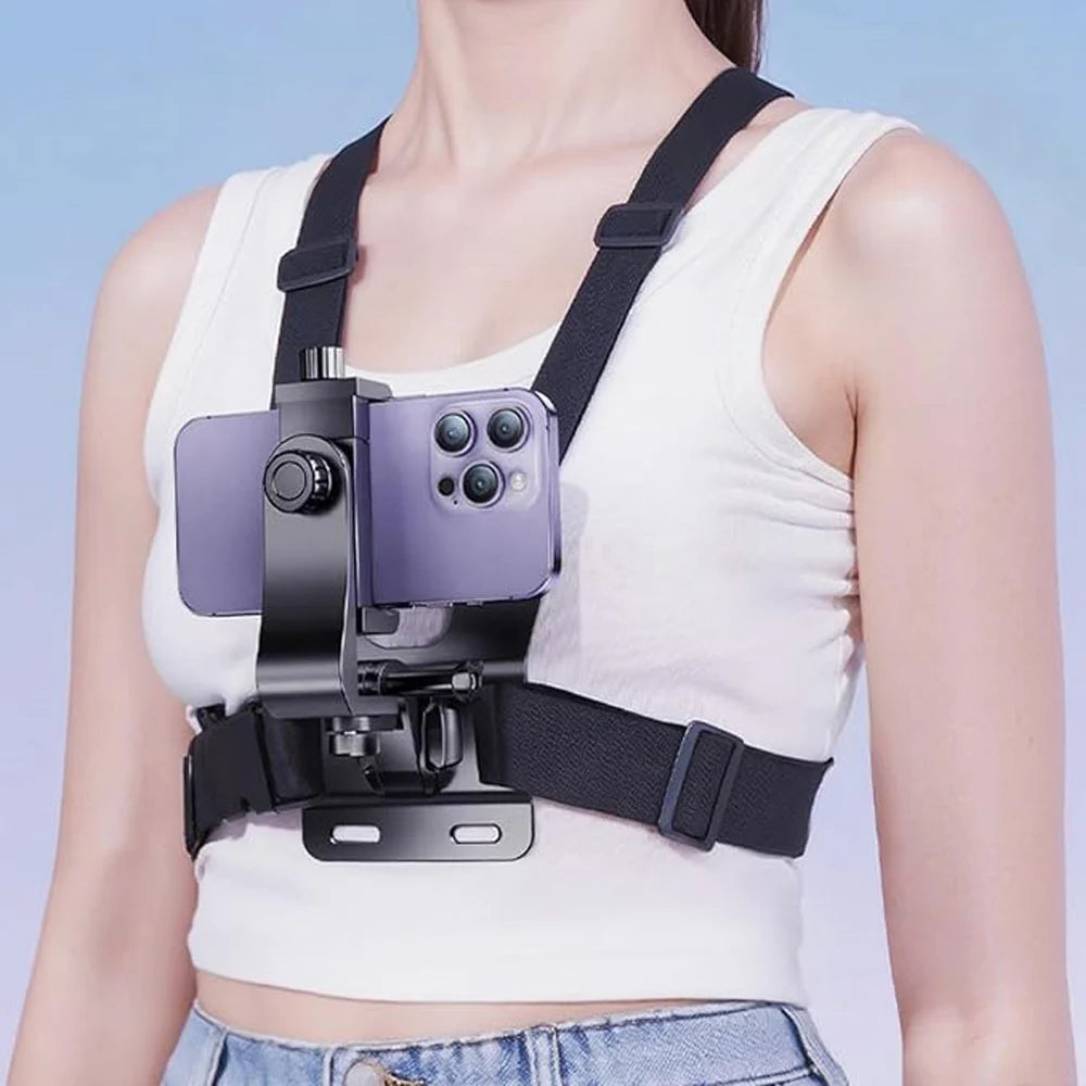A person wearing a black adjustable head and chest mount for an action camera or phone.
