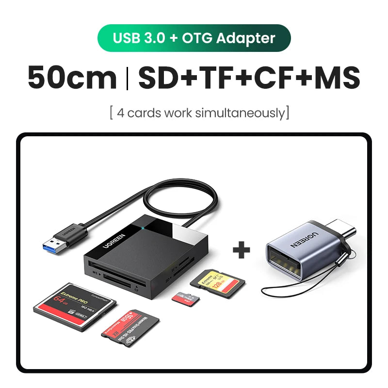 Adaptador OTG USB 3.0 con cable de 50cm y cuatro tarjetas SD, TF, CF y MS.