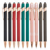 A row of black, pink, and teal retractable styluses and ballpoint pens displayed vertically.