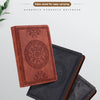 A stack of retro PU leather pocket notebooks in brown and black colors shown with a palm-sized notebook for easy carrying.