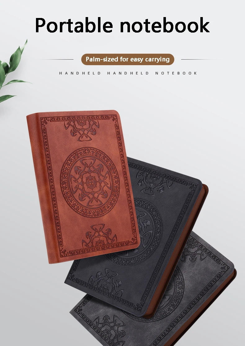 A stack of retro PU leather pocket notebooks in brown and black colors shown with a palm-sized notebook for easy carrying.