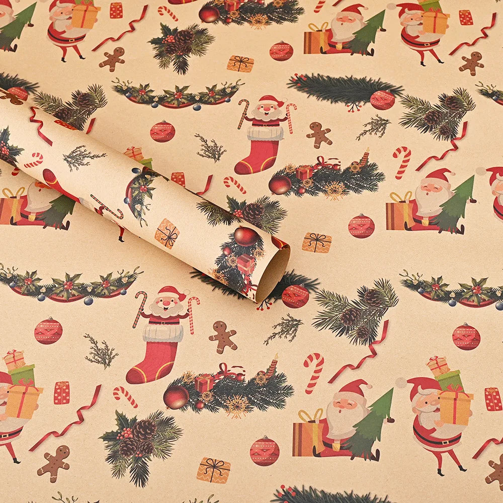 Christmas wrapping paper featuring Santa, reindeer, and evergreen tree designs on light beige paper.