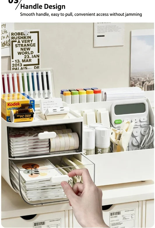 A hand is shown interacting with a white desk organizer featuring multiple clear storage drawers for office supplies.