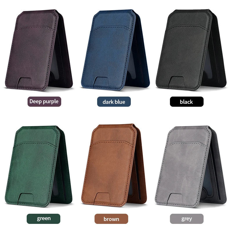 Un ensemble de porte-monnaie en cuir magnétique dans diverses couleurs, dont violet foncé, bleu marine, noir, vert, marron et