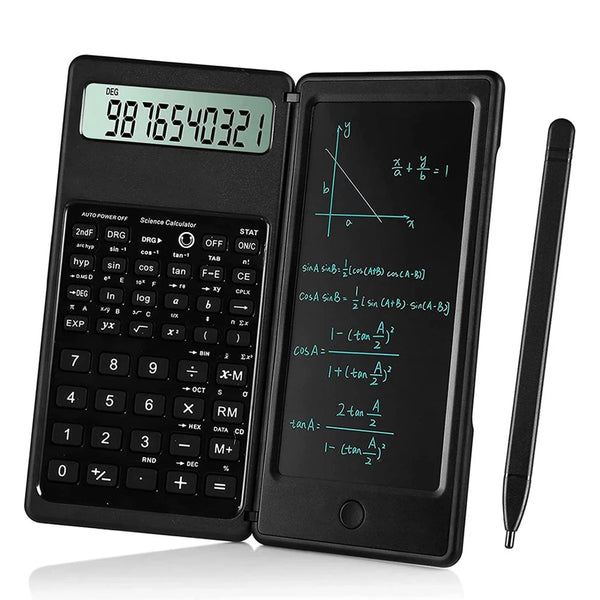 Calculatrice scientifique pliable et tablette d'écriture noire avec stylet.