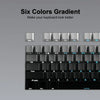 A close-up view of a mechanical keyboard showing six colors gradient keycaps on the function row and main keys.