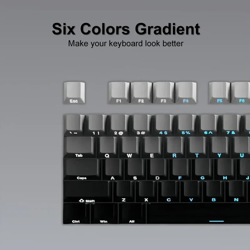 A close-up view of a mechanical keyboard showing six colors gradient keycaps on the function row and main keys.