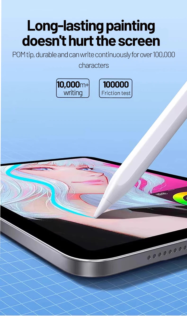 Ein weißer Stift schreibt auf einem Tabletschirm, der seine Haltbarkeit und lange Leistung demonstriert.