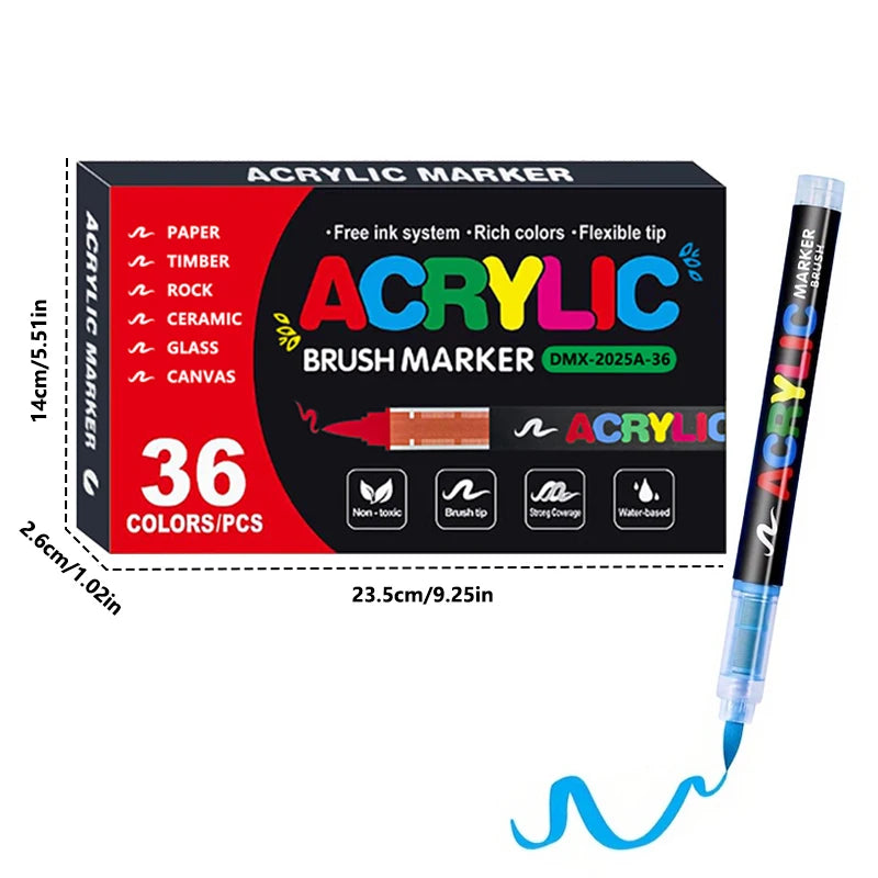A set of 36 acrylic brush markers in various colors and tips for painting on different surfaces.