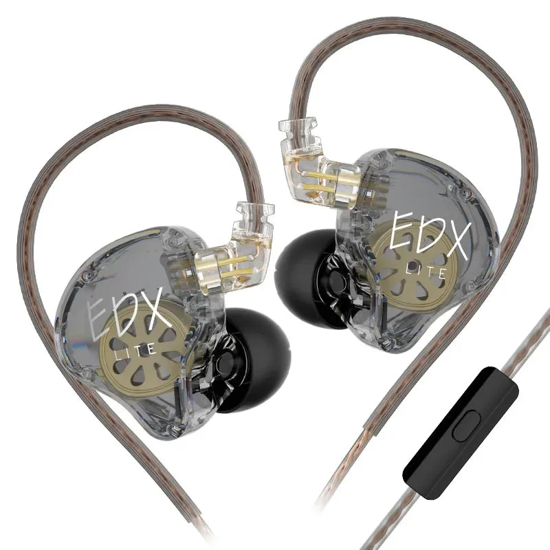 A pair of clear in-ear monitors with gold accents and a black cable shown against a white background.