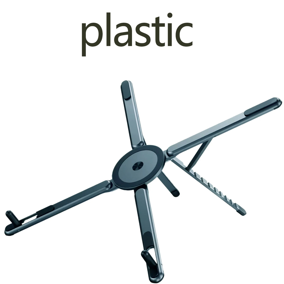 A silver plastic adjustable magnetic tablet and laptop stand with multiple arms.