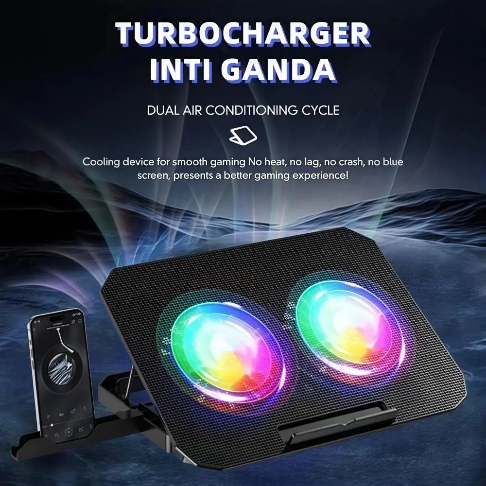 An adjustable RGB laptop cooling pad featuring dual air conditioning and a phone holder.
