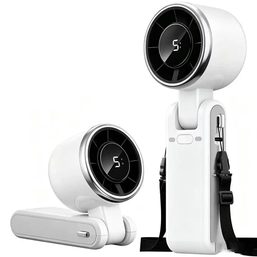 Weißer tragbarer, faltbarer USB-ladbarer Handventilator mit runder Gitter und Haltergurt.