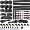A collection of black cable organizers, including cable ties, wraps, and clips, for managing desk and electronic cables.