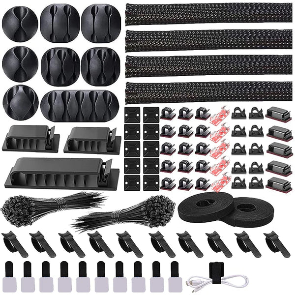 A collection of black cable organizers, including cable ties, wraps, and clips, for managing desk and electronic cables.