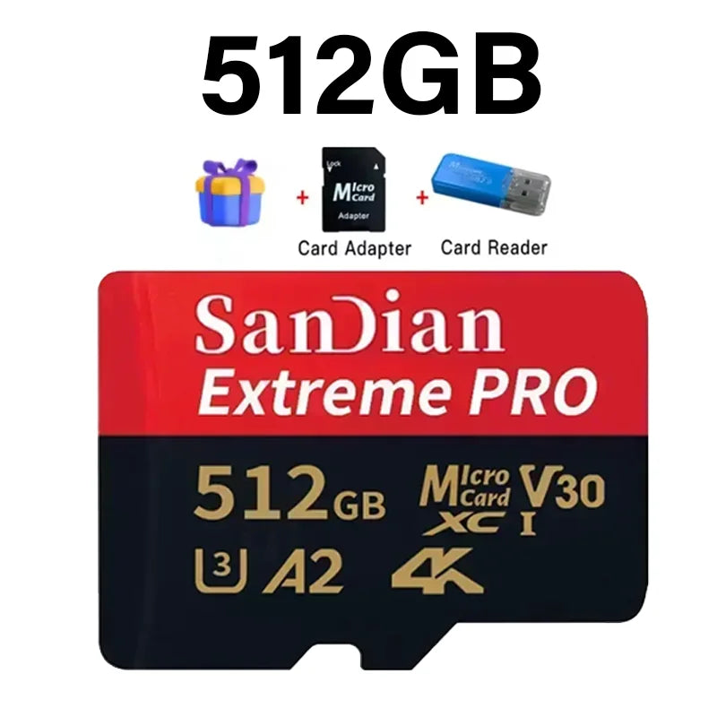 Sandian Extreme PRO 512GB memory card with a card adapter and reader.