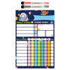 A magnetic weekly chore chart for kids featuring a board and daily chore tracking grids.