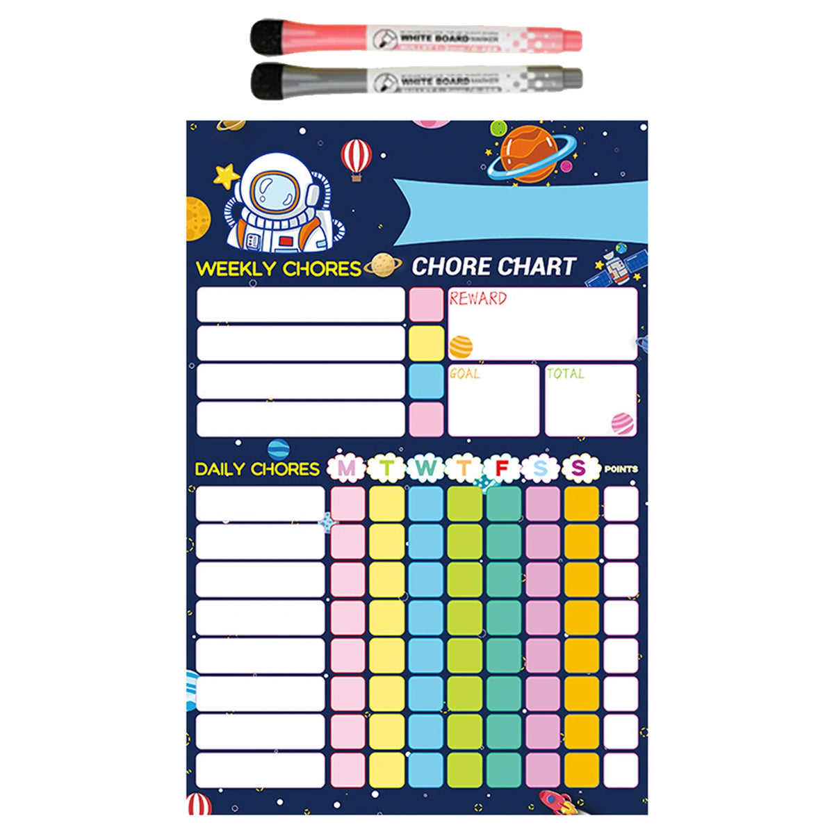 A magnetic weekly chore chart for kids featuring a board and daily chore tracking grids.