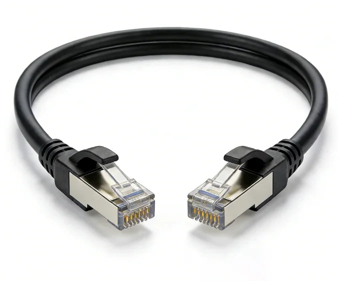 Black CAT7 shielded Ethernet cable with RJ45 connectors.
