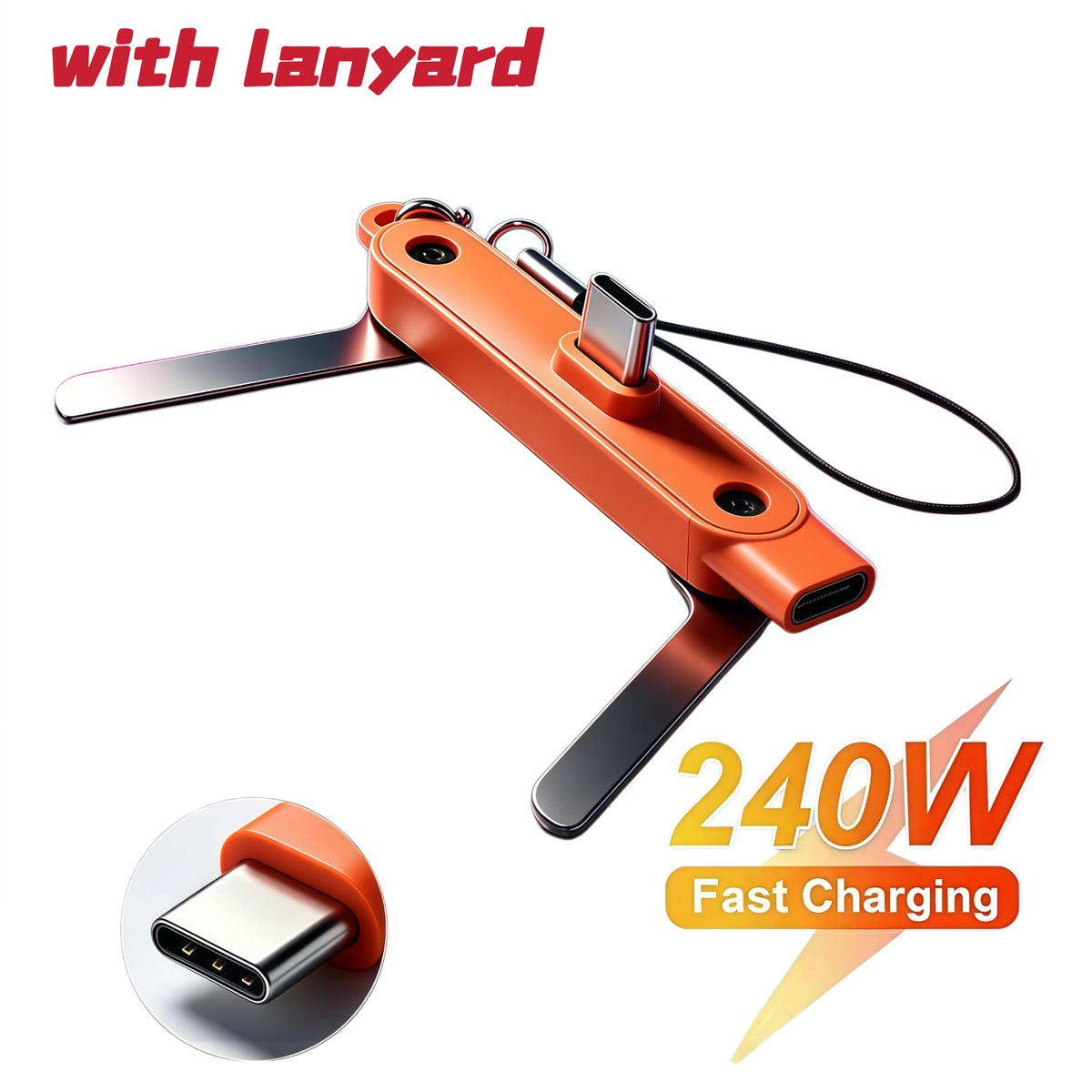 Orange 2-in-1 fast charging USB-C adapter with a foldable stand and lanyard.