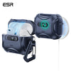 A dark blue Secure Magnetic AirPods case with a flick lock closure and a transparent protective cover.