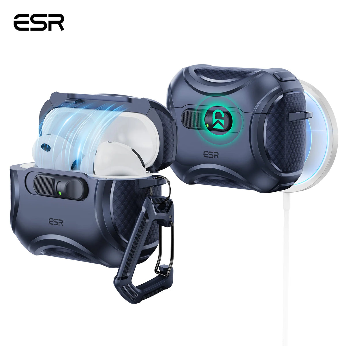A dark blue Secure Magnetic AirPods case with a flick lock closure and a transparent protective cover.