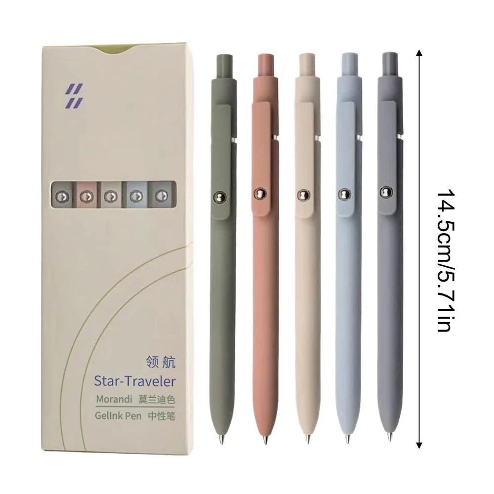 A set of five Morandi Gel Ink Star-Traveler pens in various pastel colors displayed next to a packaging box.