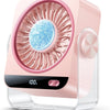 A pink desk fan with a circular grille and a blue light, resting in a clear stand.