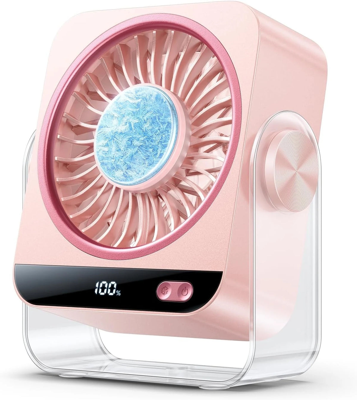 A pink desk fan with a circular grille and a blue light, resting in a clear stand.