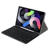 A black leather keyboard case with a detachable Bluetooth keyboard for an iPad is shown on a gray surface.