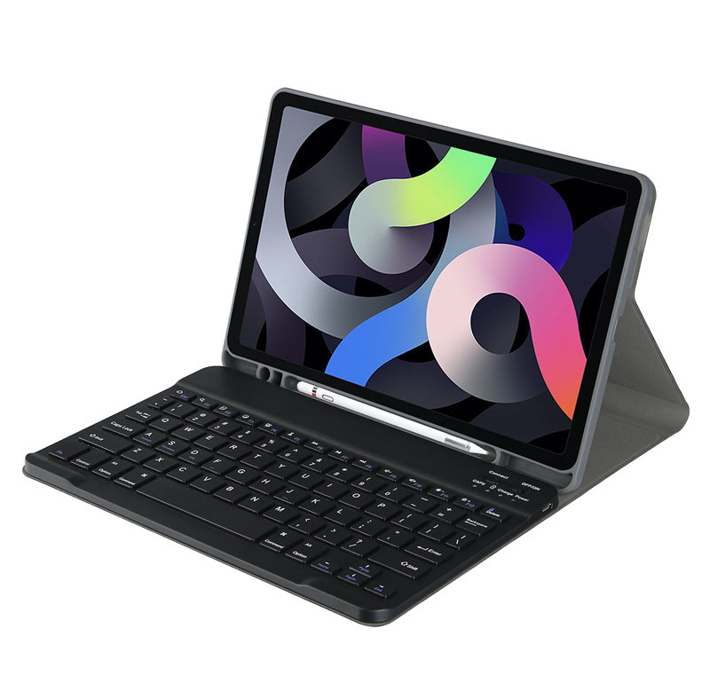 A black leather keyboard case with a detachable Bluetooth keyboard for an iPad is shown on a gray surface.