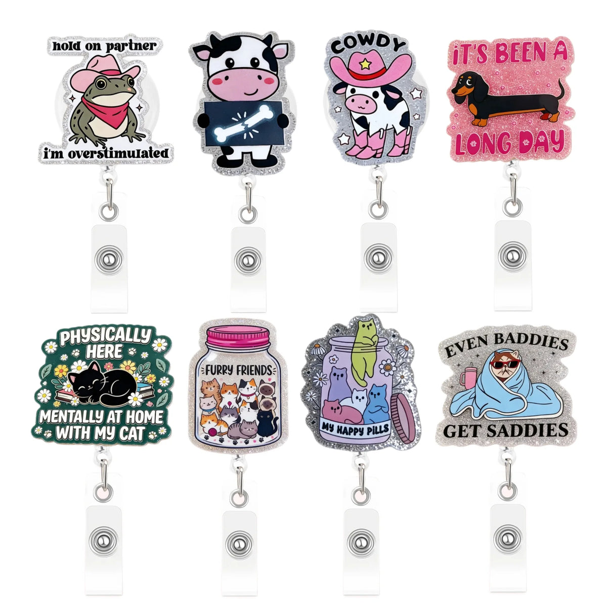 A set of acrylic nurse badge reels featuring various funny and expressive designs.