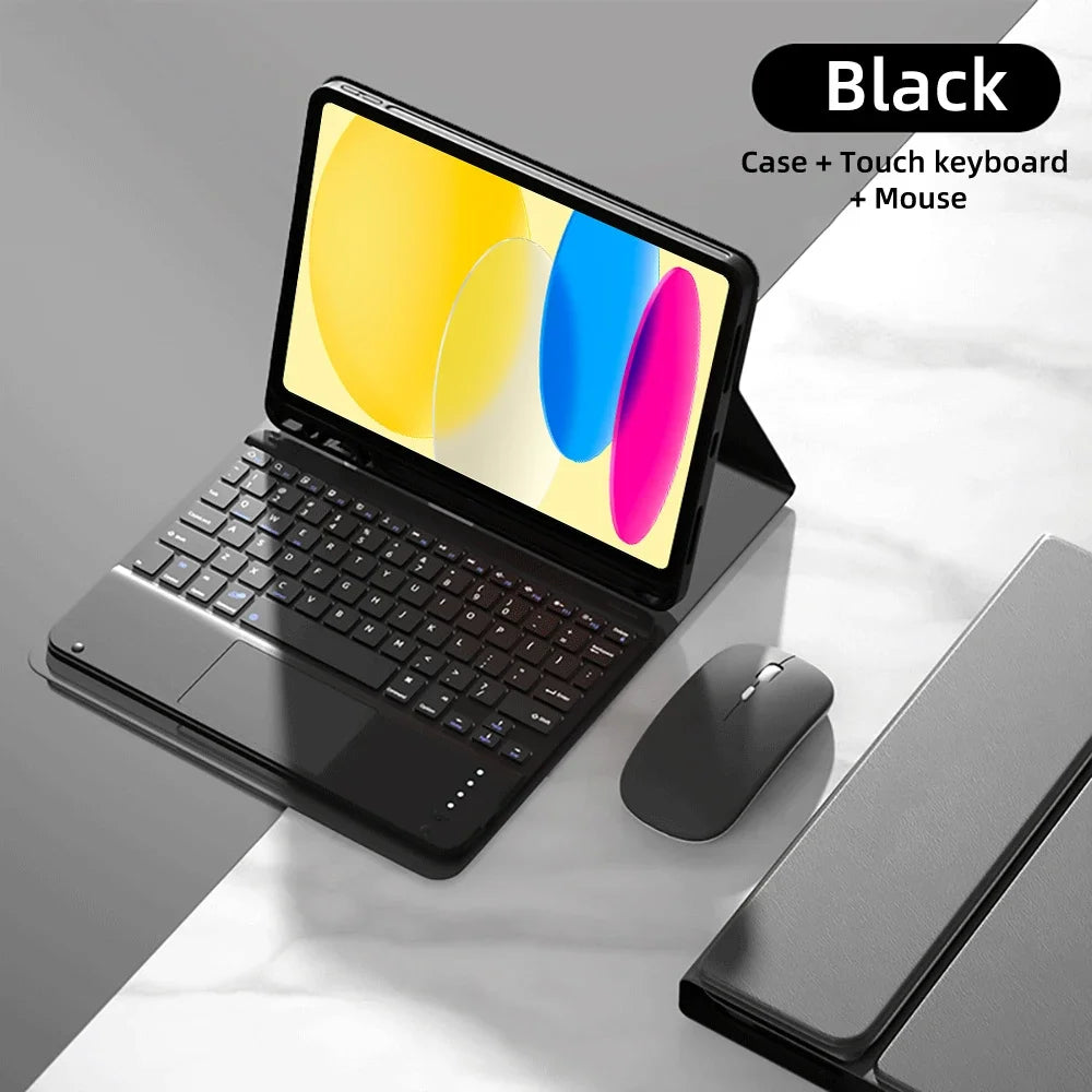Black Bluetooth keyboard case for iPad 10th Gen with a touch keyboard and mouse.