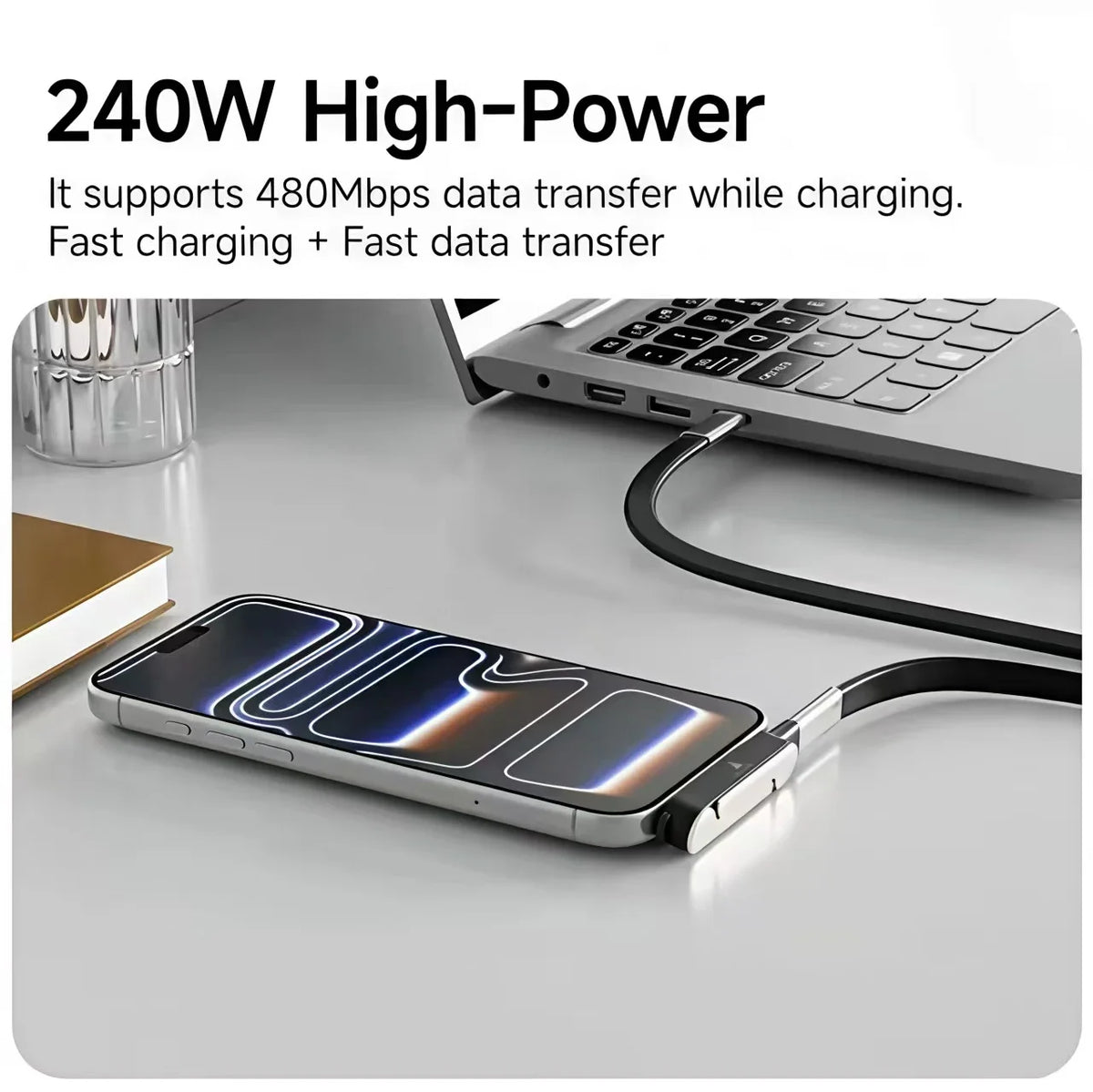 A silver smartphone is shown connected to a 240W high-power USB-C adapter with a foldable stand on a white desk.
