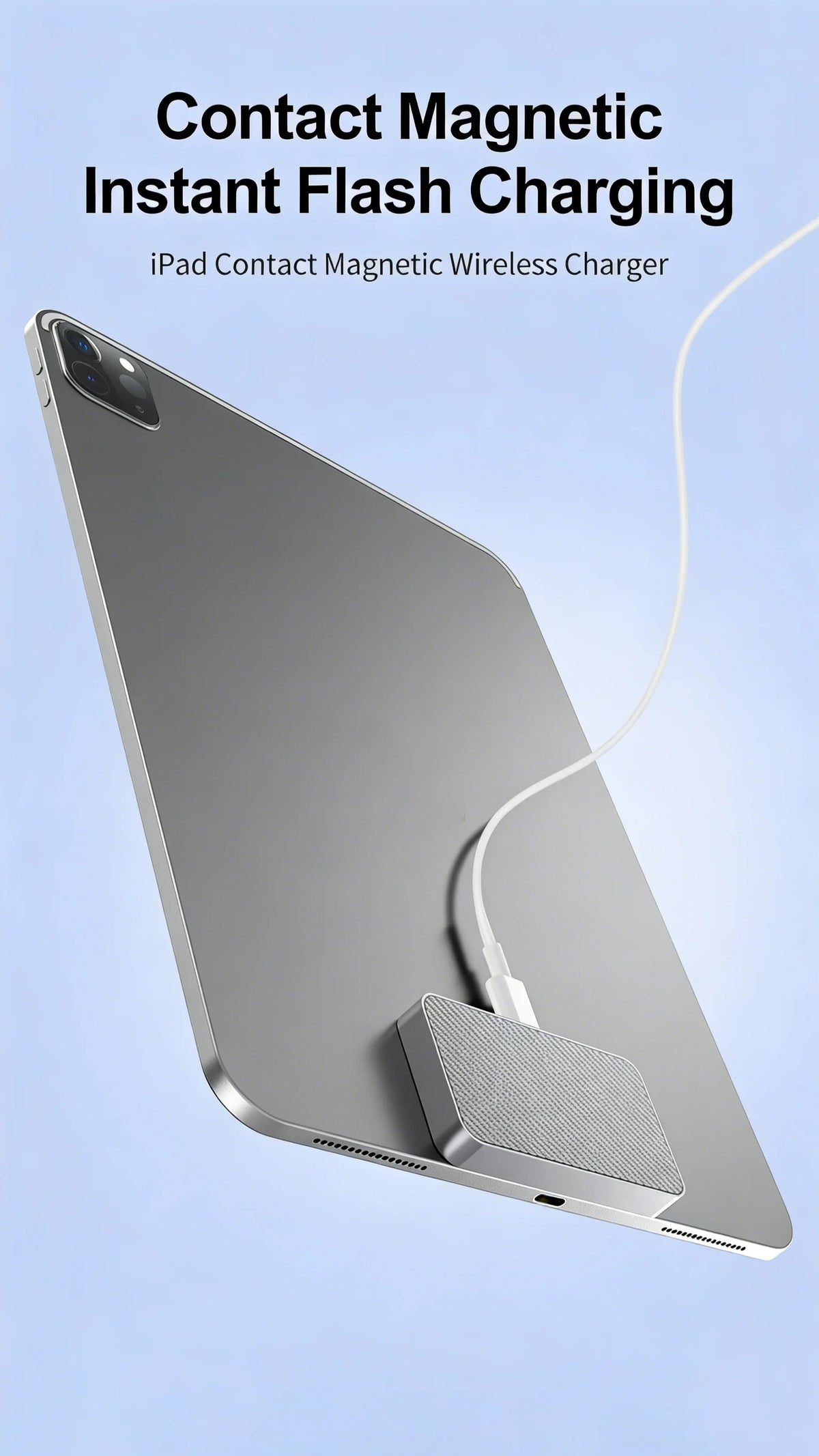 A silver iPad is shown with a magnetic wireless charging module attached, connected to a white charging cable.