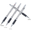 A set of metal mechanical pencils showing various lead sizes including 2.0, 1.0, and 0.5 mm.