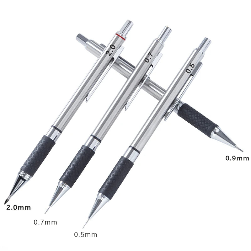 A set of metal mechanical pencils showing various lead sizes including 2.0, 1.0, and 0.5 mm.