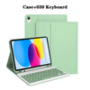 Estuche y teclado verde con portátil, diseñado como funda de teclado Bluetooth desmontable para iPad.
