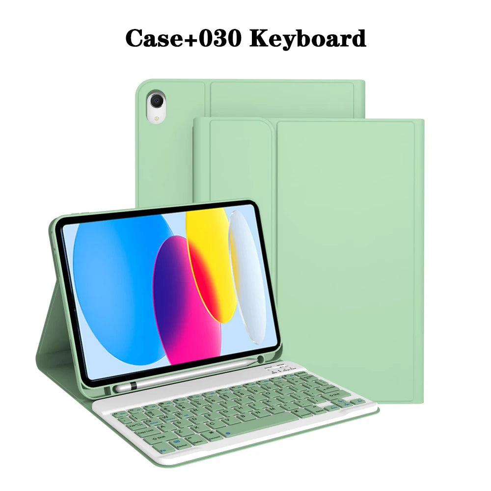 Estuche y teclado verde con portátil, diseñado como funda de teclado Bluetooth desmontable para iPad.
