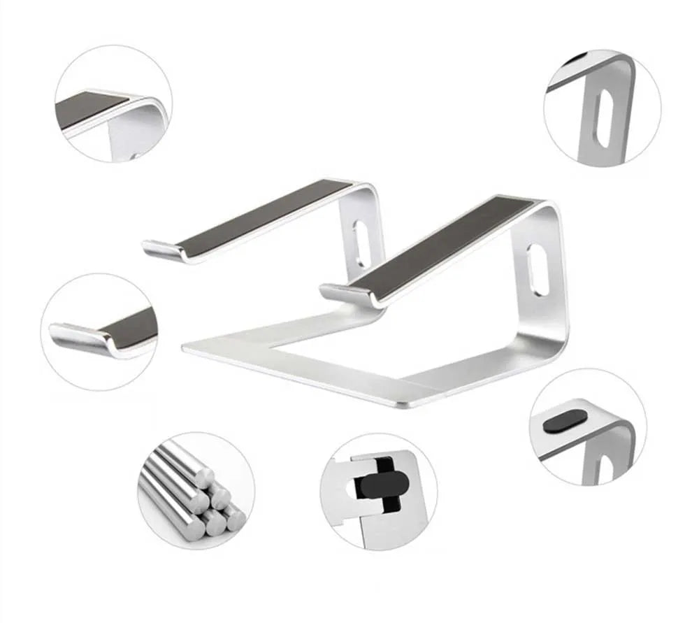 Various views of an aluminum alloy laptop stand with ergonomic tilt, showing different angles and components.