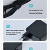 Close-up details showing line management, matte finish, and tail card protection features of a laptop charger adapter