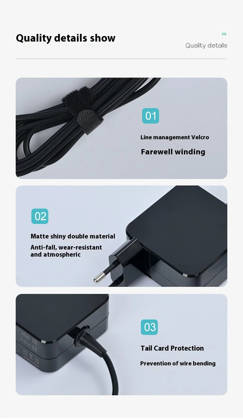 Close-up details showing line management, matte finish, and tail card protection features of a laptop charger adapter