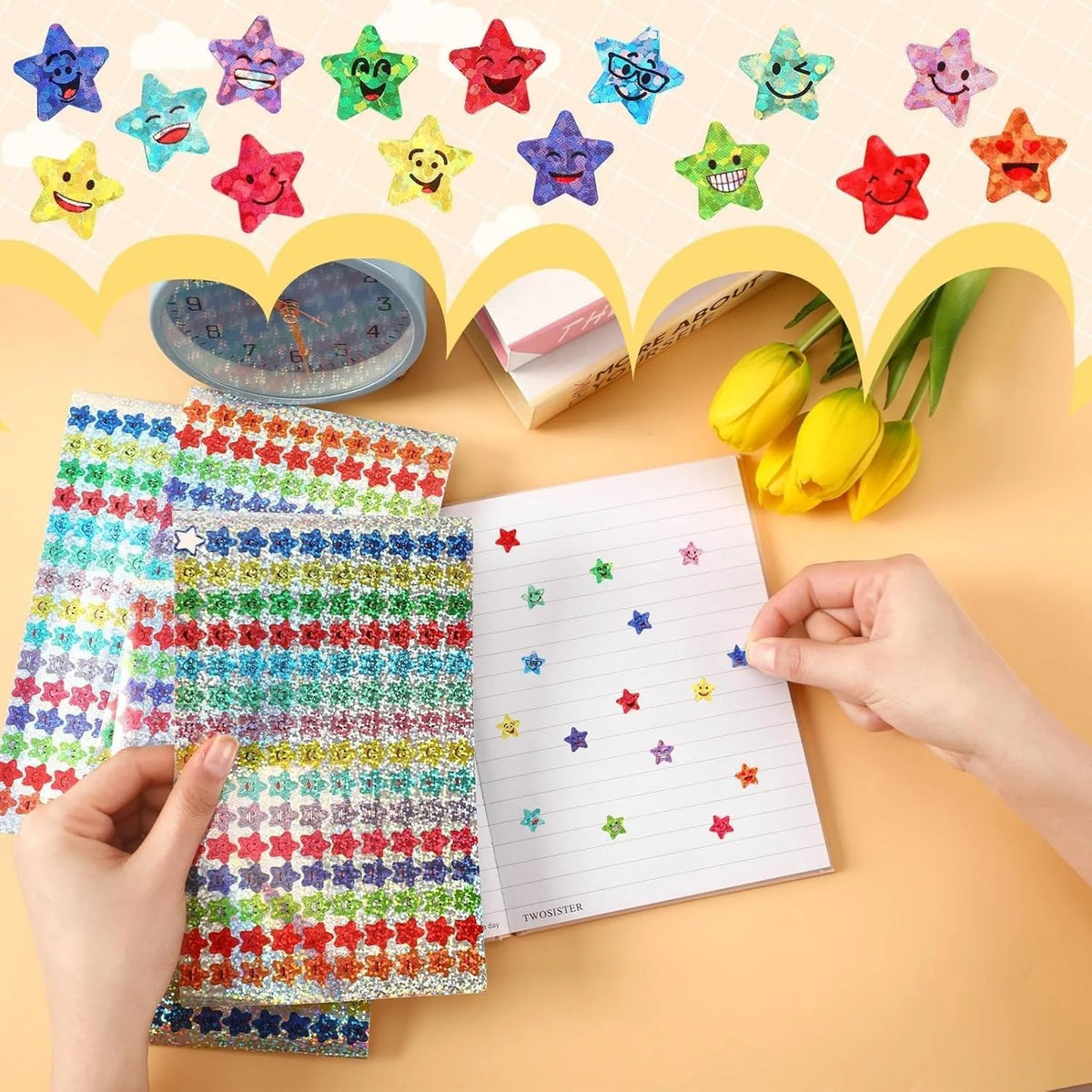 A collection of colorful glitter foil star stickers is displayed on a light background with craft supplies.