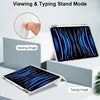 A transparent protective case for an iPad showing viewing and typing angles.
