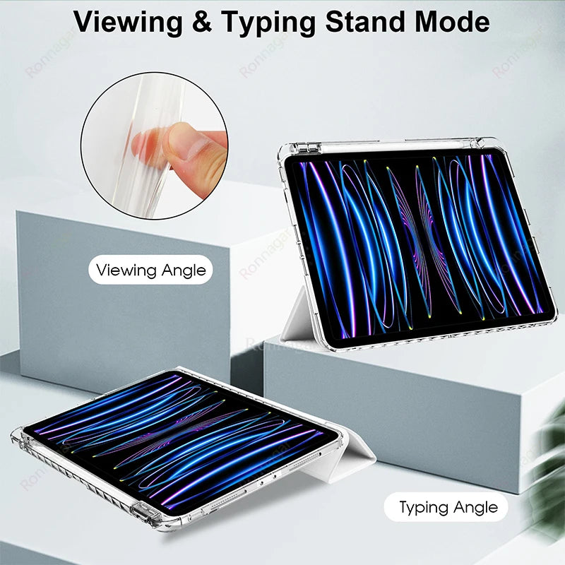 A transparent protective case for an iPad showing viewing and typing angles.