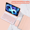 A pink universal keyboard case for an iPad is shown with a matching keyboard and mouse on a white marble surface.
