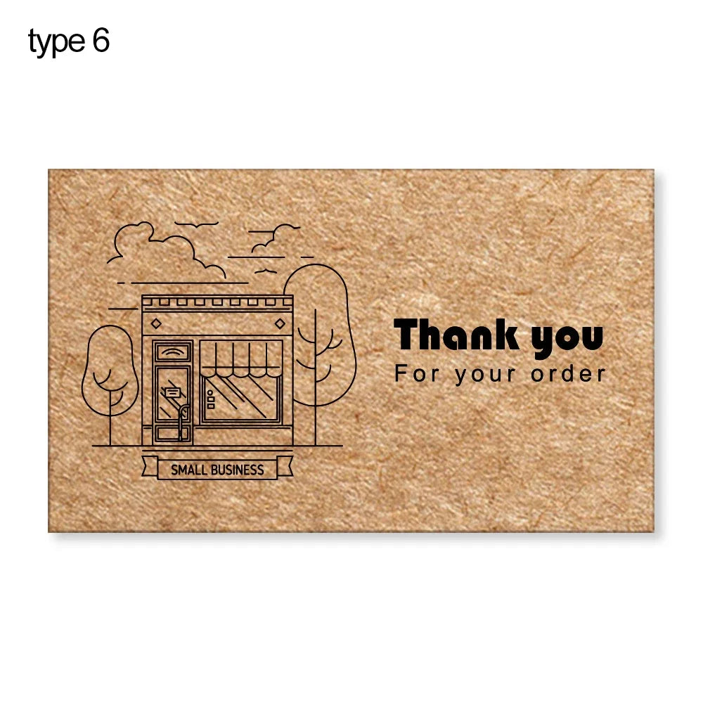 A kraft paper greeting tag design featuring a line drawing of trees and a storefront, with the text Thank you for your order 