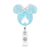 Glitzerndes blaues Mickey Mouse-Badge-Reel mit Schlossdesign und klarem Ausweiskartenhalter.
