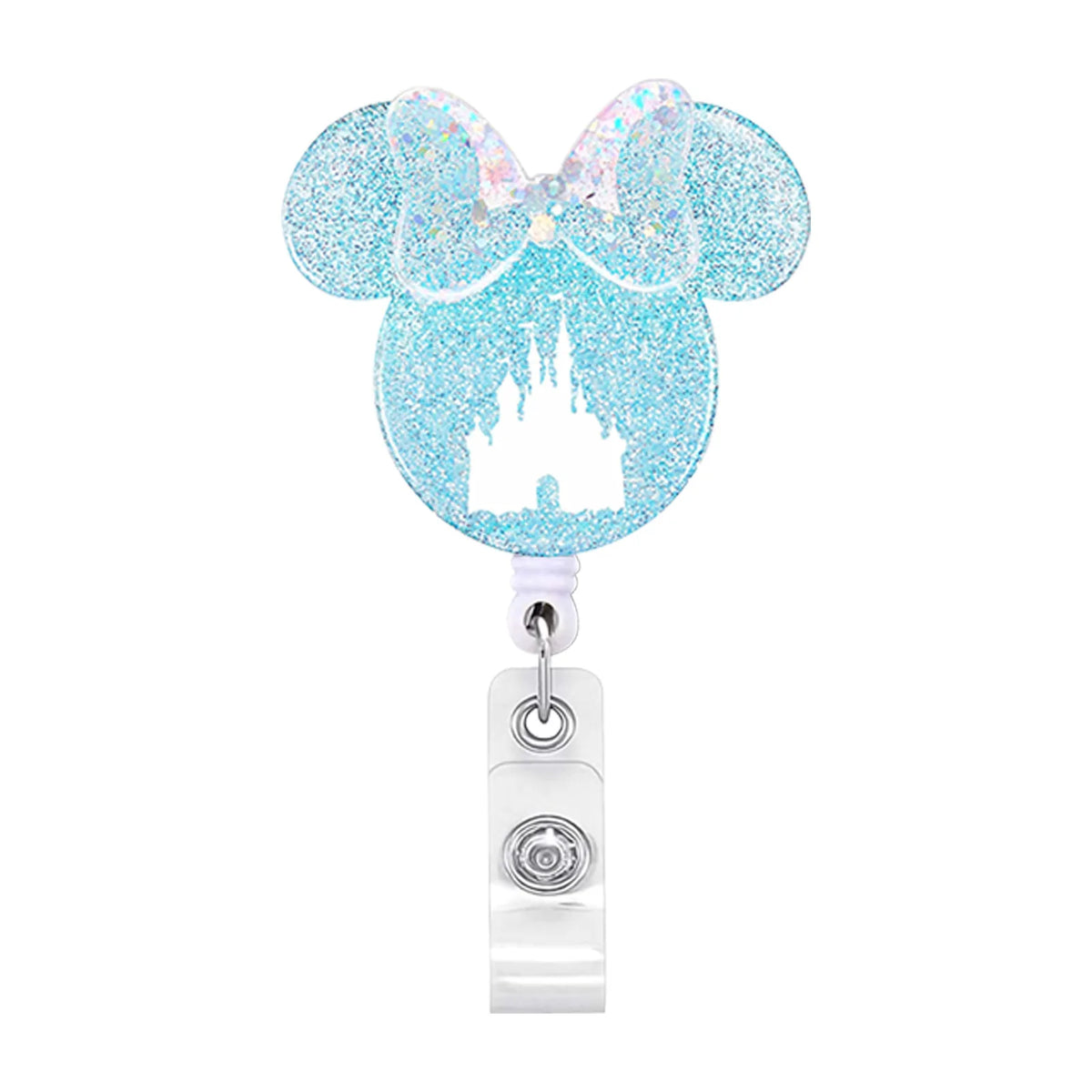 Glitzerndes blaues Mickey Mouse-Badge-Reel mit Schlossdesign und klarem Ausweiskartenhalter.